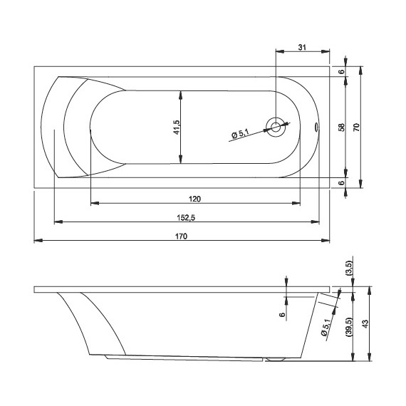 Ванна акриловая Riho MIAMI 170x70 см B060001005, Размер - мм: 1700х700 - фото 6