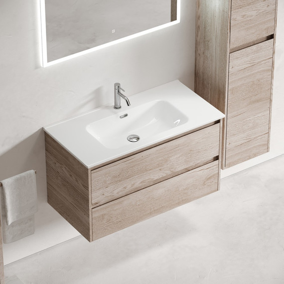 Тумба подвесная с раковиной-столешницей Sancos Libra 90 см LB90EG, дуб галифакс натуральный (раковина Element CN7002) - фото 4