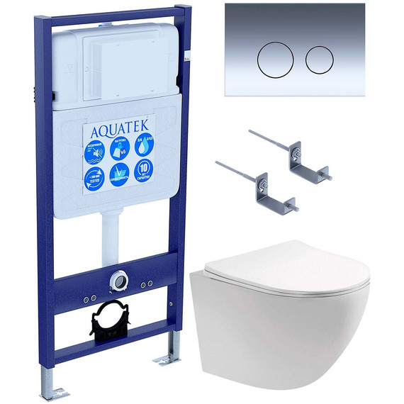 Инсталляция с подвесным унитазом комплект: Aquatek Set INS-0000012 с подвесным безободковым унитазом Европа AQ1901-00 сиденье микролифт, крепление, кнопка смыва хром глянцевый - фото 