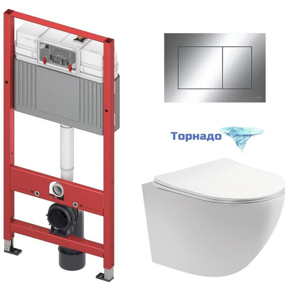 Инсталляция с подвесным унитазом комплект: TECEbase 2.0 9400412 с подвесным безободковым унитазом Aquatek Европа AQ1900T-00 сиденье микролифт, крепление, кнопка смыва хром глянцевый (система смыва Торнадо) - фото 