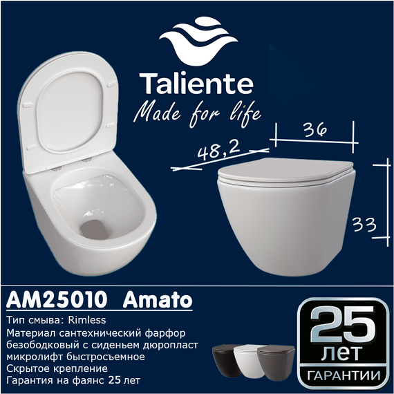 Унитаз подвесной безободковый Taliente Amato AM25010 Bianco opaco с крышкой микролифт, белый матовый - фото 