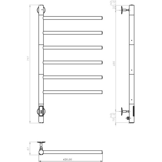 Полотенцесушитель электрический Vincea П6 430x800 мм VTD-1S2CGE, графит (возможность скрытого подключения) - фото 4