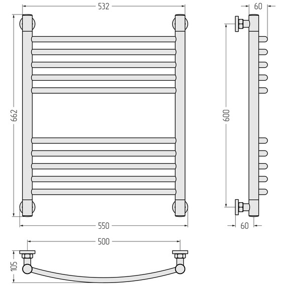 Полотенцесушитель водяной Сунержа Богема+ П10 500x660 мм (выгнутая перемычка) 15-0221-6050, тёмный титан муар - фото 3