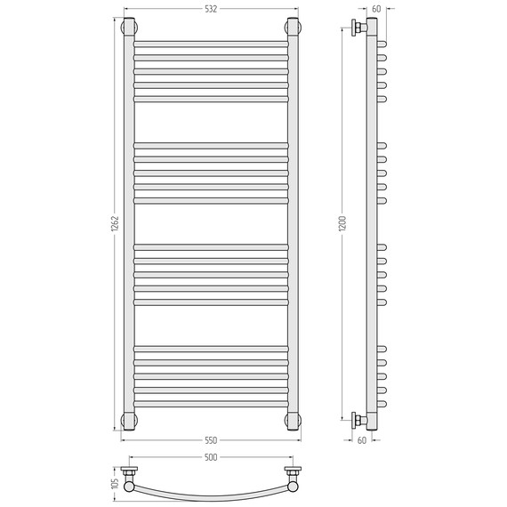 Полотенцесушитель водяной Сунержа Богема+ П20 500x1260 мм (выгнутая перемычка) 31-0221-1250, чёрный матовый - фото 3
