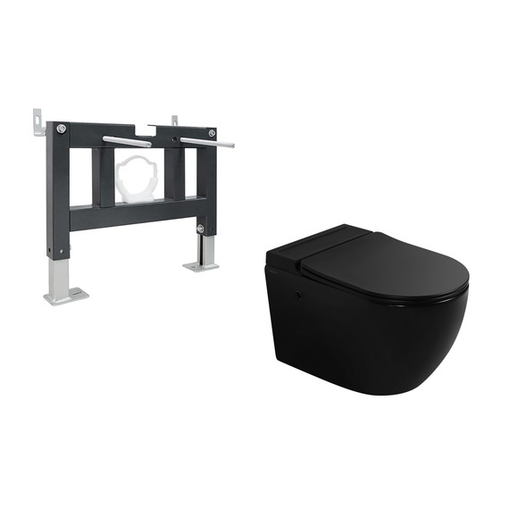 Инсталляция с подвесным унитазом комплект: Abber AC0101P с подвесным импульсным унитазом Bequem AC1108PMB с крышкой микролифт, чёрный матовый - фото 