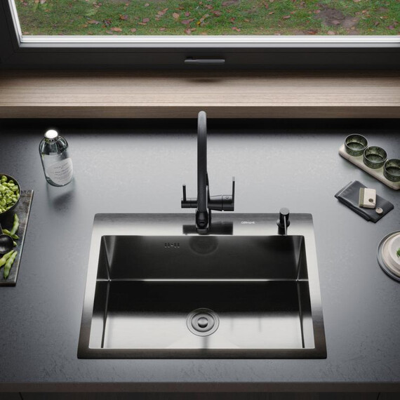 Кухонная мойка Gerhans 60х45см K36045B 3 мм, с отверстием под смеситель и дозатор, с PVD покрытием, графит, Цвет производителя: графит - фото 