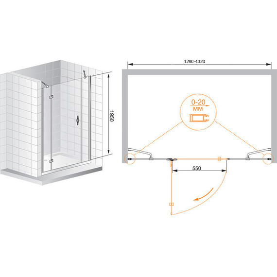 Душевая дверь Cezares 130 см BERGAMO-W-B-13-30+60/40-C-Cr-L, хром/прозрачное - фото 2