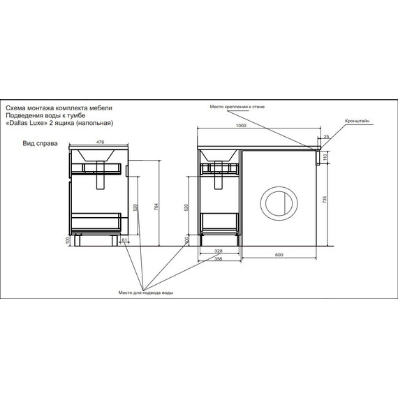 Тумба напольная с раковиной-столешницей Эстет Dallas Luxe 100 см R, 2 ящика ФР-00002316 - фото 5