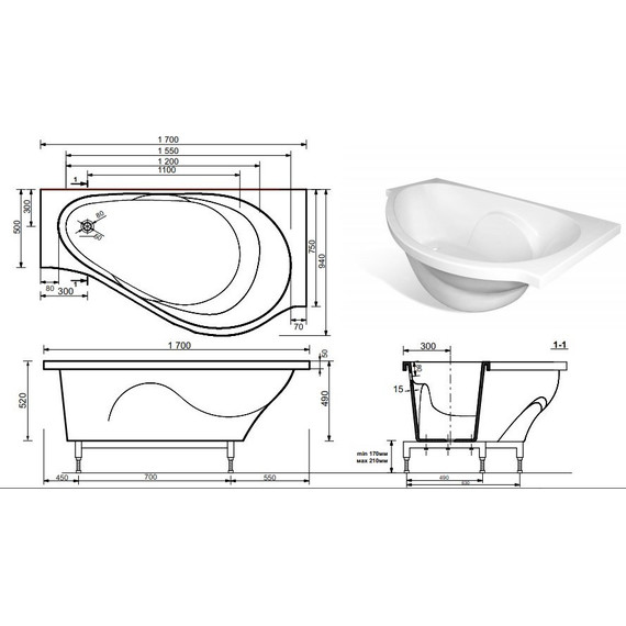 Ванна каменная Эстет Грация 170х95 см R ФР-00000633 - фото 2