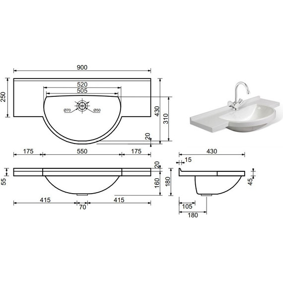 Раковина врезная на столешницу Эстет Куба 90 см ФР-00000783 - фото 2