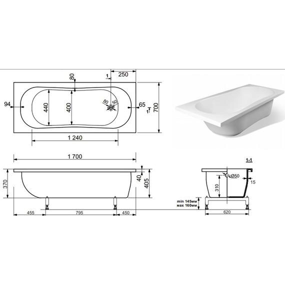 Ванна каменная Эстет Лаура 170х70 см ФР-00000678 - фото 2