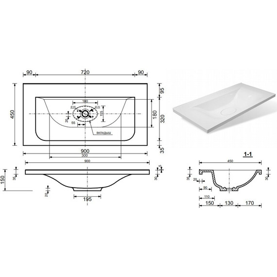 Раковина врезная на столешницу Эстет Bali 90 см ФР-00001472 - фото 2