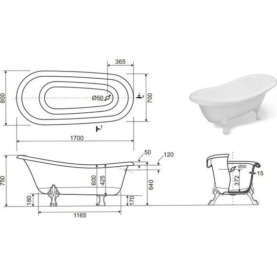 Ванна отдельностоящая Эстет Марсель 170х80 см ФР-00001849 - фото 2
