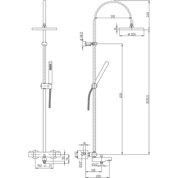 Душевая стойка с термостатом Paini Cox 78CR687TH1KM, верхний душ 200 мм - фото 3