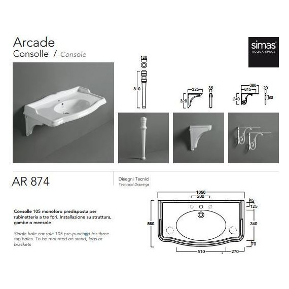 Раковина подвесная Simas Arcade 105 см AR874bi*3 - фото 5