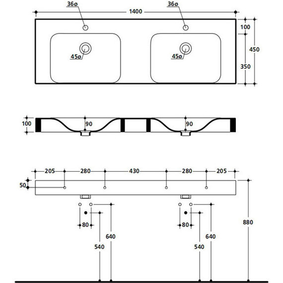 Раковина подвесная двойная Kerasan Cento 140 см 353601*1 - фото 6