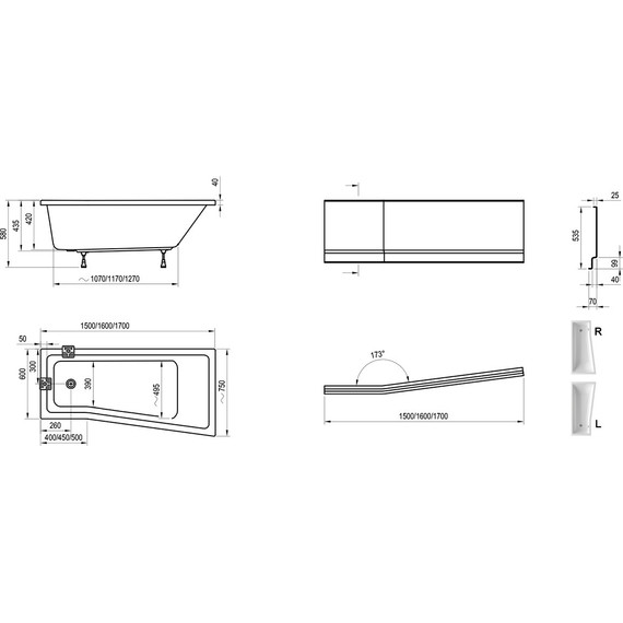 Ванна акриловая Ravak BeHappy II 160x75 см C971000000 R, Размер - мм: 1600х750 - фото 9