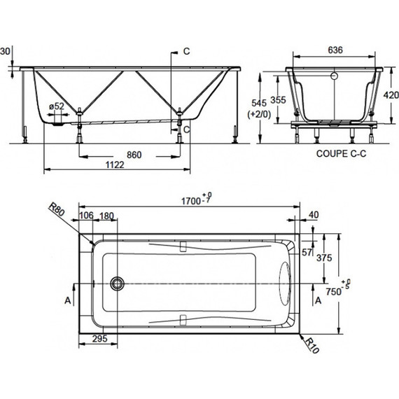 Ванна акриловая Jacob Delafon Odeon Up 170х75 см E60491RU-00, Размер - мм: 1700х750 - фото 6
