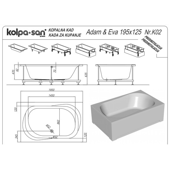 Ванна акриловая Kolpa-San Adam & Eva 195x125 см, Размер - мм: 1950х1250 - фото 5