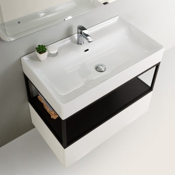 Тумба подвесная с раковиной Cezares CADRO-80/46/30-1C-SO-MET-ST 80 см, черный/белый - фото 