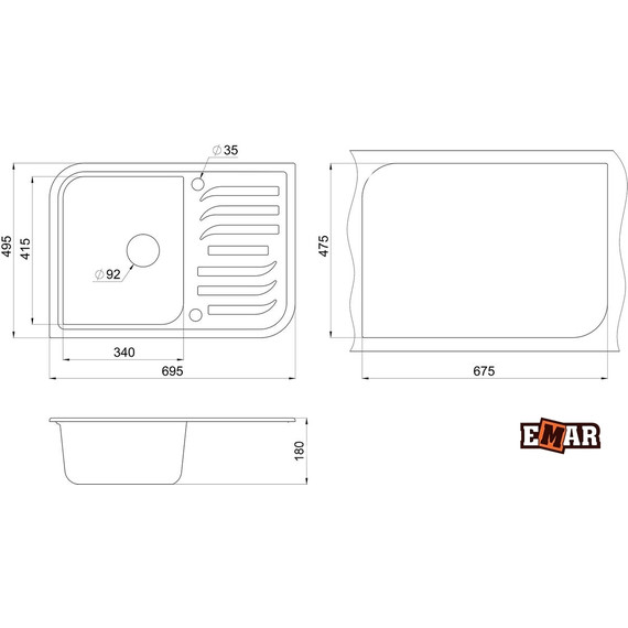 Кухонная мойка Emar EMQ-1695.Q, морион, Цвет производителя: морион - фото 2