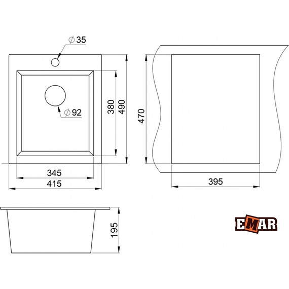 Кухонная мойка Emar EMQ-1415.Q, оникс, Цвет производителя: оникс - фото 2