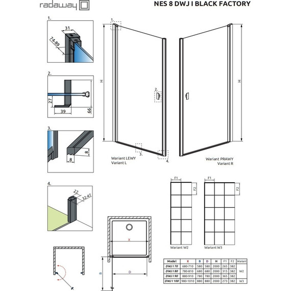 Душевая дверь Radaway Nes 8 Black DWJ I Factory 70 см 10076070-54-55L (стекло 8 мм), черный/прозрачное - фото 6
