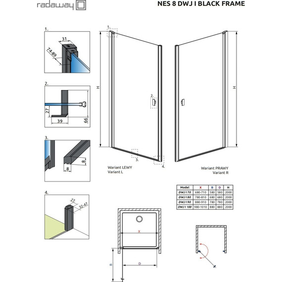 Душевая дверь Radaway Nes 8 Black DWJ I Frame 70 см 10076070-54-56L (стекло 8 мм), черный/прозрачное - фото 6