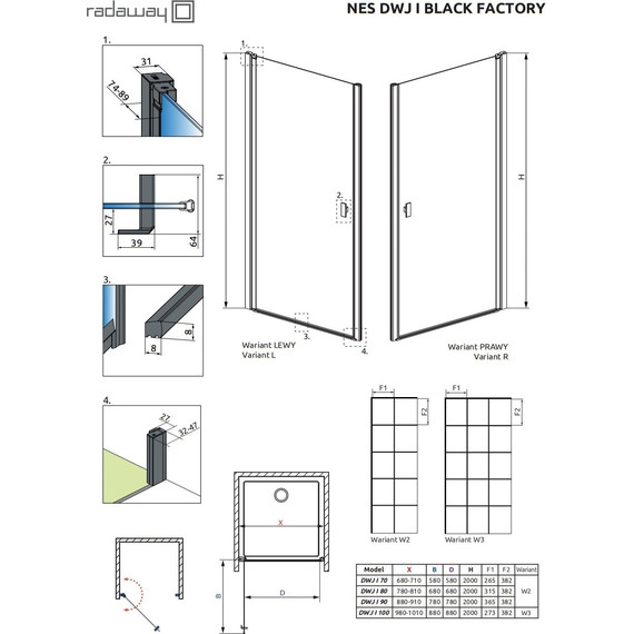 Душевая дверь Radaway Nes Black DWJ I Factory 70 см 10026070-54-55R, черный/прозрачное - фото 8