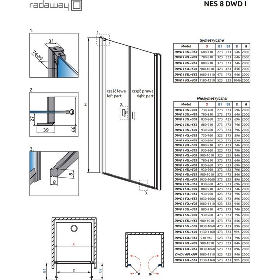 Душевая дверь Radaway Nes 8 DWD I 60L+35R 95 см (стекло 8 мм), хром/прозрачное - фото 7