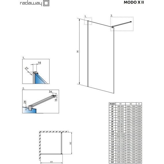 Душевая перегородка Radaway Modo X II 90х200 см 389294-01-01 (стекло 10 мм), хром/прозрачное - фото 6
