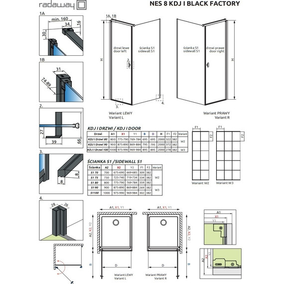 Душевое ограждение Radaway Nes 8 Black KDJ I Factory + S1 90х75 см R (стекло 8 мм), черный/прозрачное - фото 6