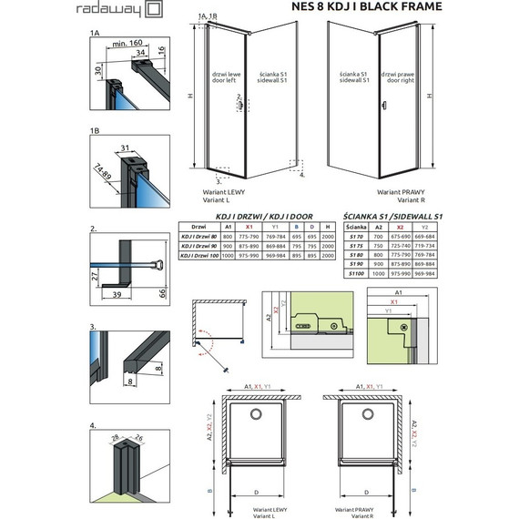 Душевое ограждение Radaway Nes 8 Black KDJ I Frame + S1 80х80 см L (стекло 8 мм), черный/прозрачное - фото 6