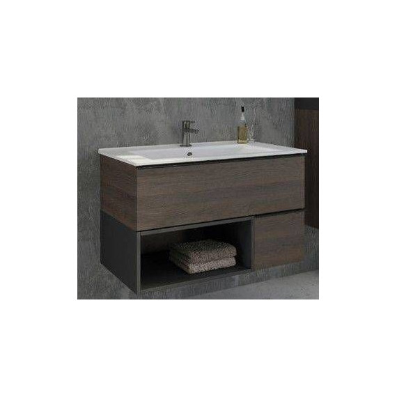 Тумба подвесная с раковиной Comforty Франкфурт 90 см (раковина Quadro 90), дуб шоколадно-коричневый - фото 