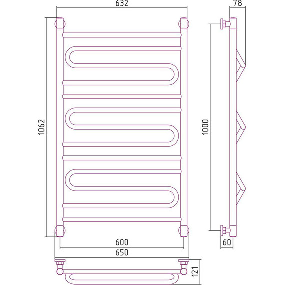 Полотенцесушитель водяной Сунержа Элегия+ П13 1000х600 мм 00-0205-1060 - фото 6