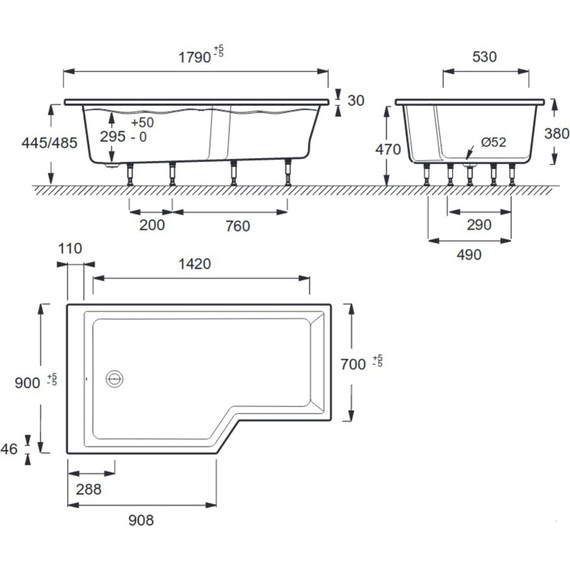 Ванна акриловая Jacob Delafon Bain Douche Neo 180х90 см L E6D004L-00 с ножками, Размер - мм: 1800х900 - фото 8