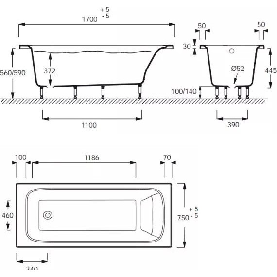 Ванна акриловая Jacob Delafon Elite 170х75 см E6D031RU-00 с ножками, Размер - мм: 1700х750 - фото 7