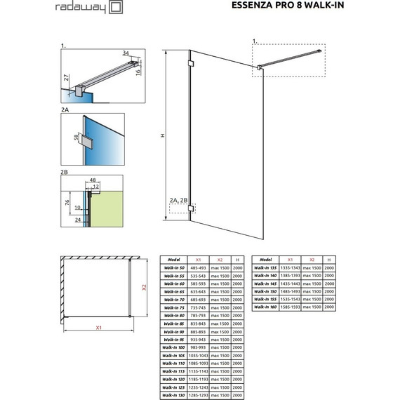 Душевая перегородка Radaway Essenza Pro 8 Gold Walk-in 155х200 см 1012155-09-01 (стекло 8 мм), золото/прозрачное - фото 6