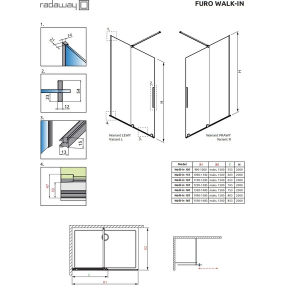 Душевая перегородка Radaway Furo Gold Walk-in 100х200 см 10106538-09-01L (стекло 8 мм), золото/прозрачное - фото 4