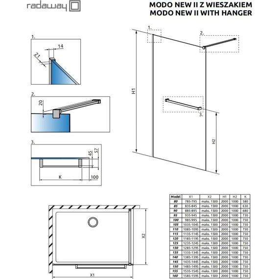 Душевая перегородка Radaway Modo New Black II 90х200 см 389094-54-01W (стекло 8 мм) с полотенцедержателем, черный/прозрачное - фото 3