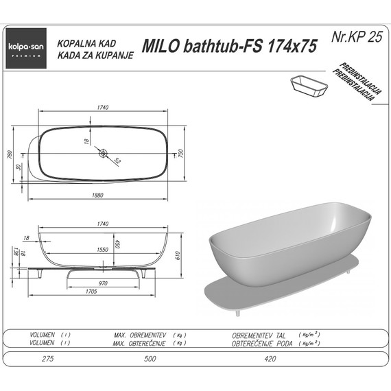 Ванна отдельностоящая Kolpa-San Milo FS 174x75 см, белый/голубой - фото 3