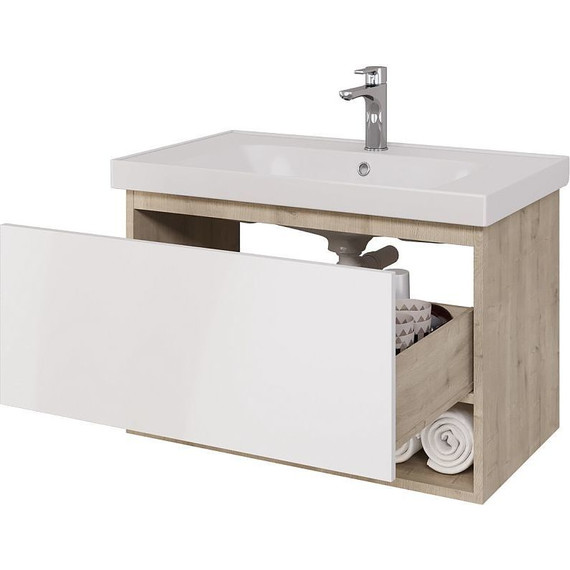 Тумба подвесная с раковиной Dreja Perfecto 90 см 99.0813, дуб эврика/белый глянец - фото 4