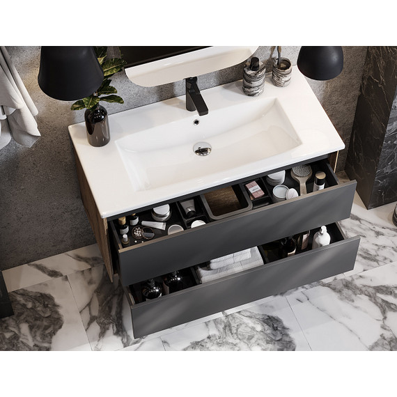 Тумба подвесная с раковиной Акватон Сохо 100 см 1A258201AJA00, графит/дуб веллингтон - фото 6