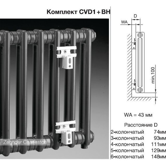 Вертикальный радиатор Zehnder Charleston 2180 390х1790 мм (8 секций) нижнее подключение, белый - фото 3