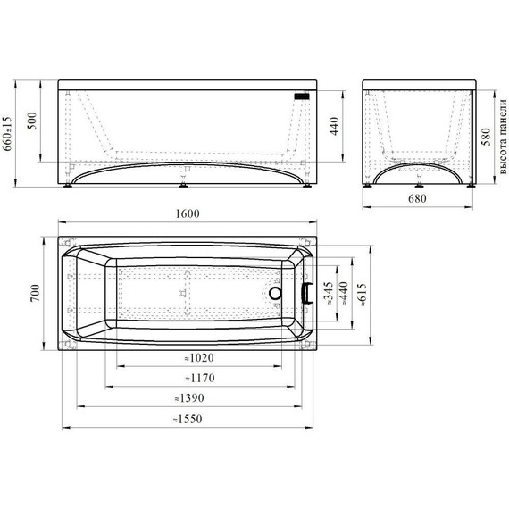 Ванна акриловая Радомир Веста 160x70 см (в комплекте каркас), Размер - мм: 1600х700 - фото 11