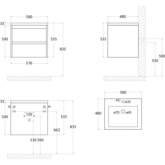 Тумба подвесная с раковиной Art&Max Family-580-2C-SO-PB 58 см, сканди - фото 7
