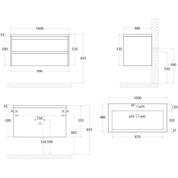 Тумба подвесная с раковиной Art&Max Family-1000-2C-SO-BL 100 см, белый глянец - фото 5