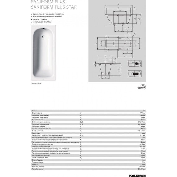 Ванна стальная Kaldewei Saniform Plus Star 170x75 см mod. 336 133600010001 (с отверстиями под ручки) - фото 6