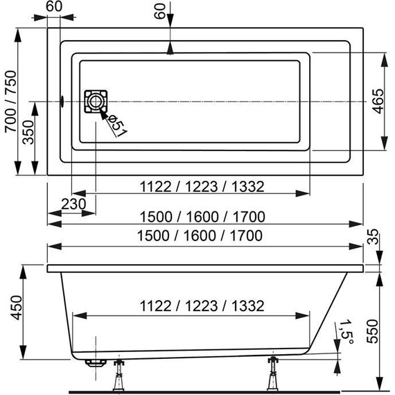 Ванна акриловая Vagnerplast Cavallo 170x75 см 76380, Размер - мм: 1700х750 - фото 7