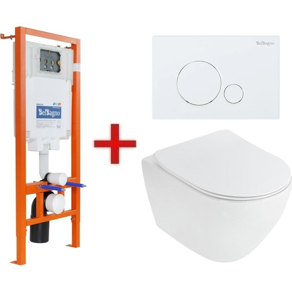 Инсталляция BelBagno BB002-80 с подвесным безободковым унитазом Cezares Stylus CZR-513-TH-R (кнопка Sfera, белая) - фото 